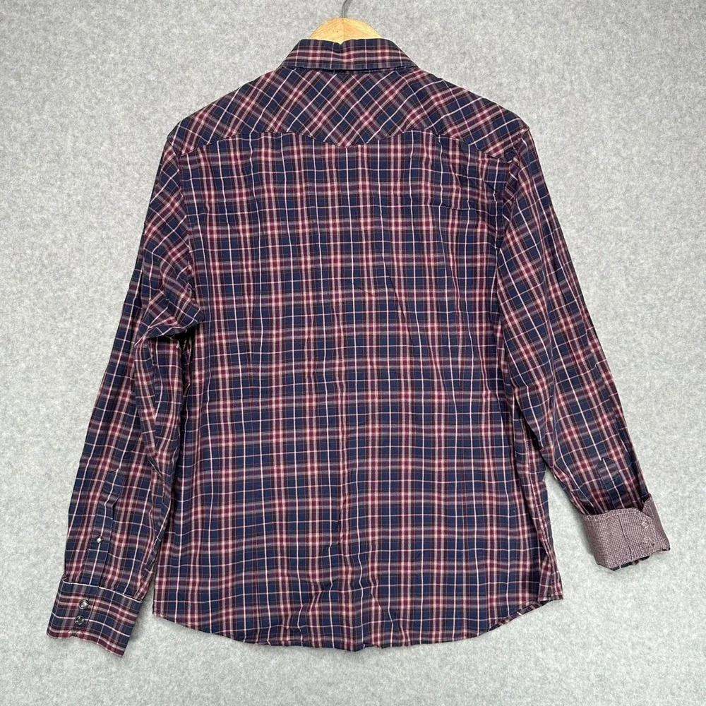 Banana Republic Mens Slim Fit Western Plaid Snap Front Shirt Navy Burgundy Large